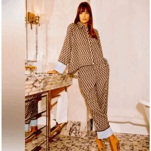 NWOT Tuckernuck Birch Domino Farris Set Blouse Wide Leg Pant Brown Cream Size XS